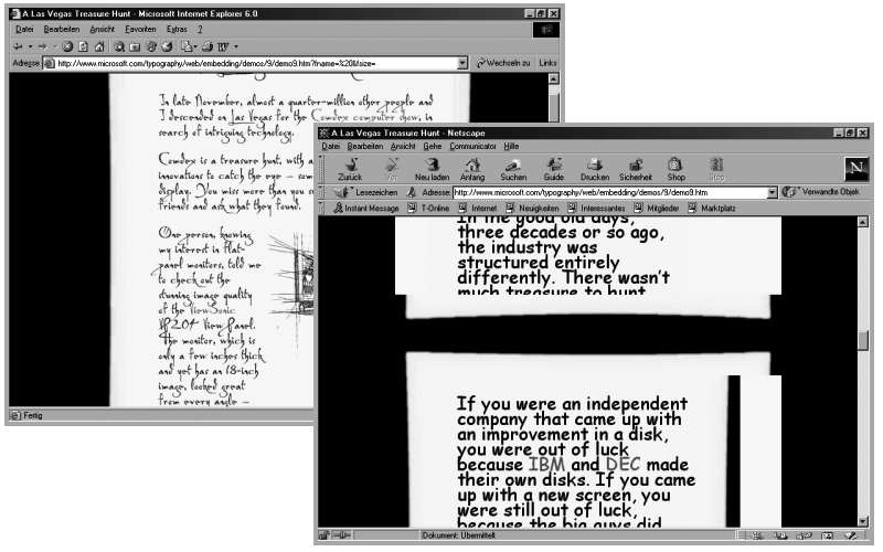 Darstellung der Seite www.microsoft.com/typography/web/embedding im Internet Explorer 6.0 (im Hintergrund) und im Netscape Navigator 4.7 (im Vordergrund)