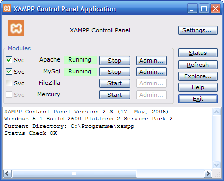 Das Control Pael des XAMPP-Servers
