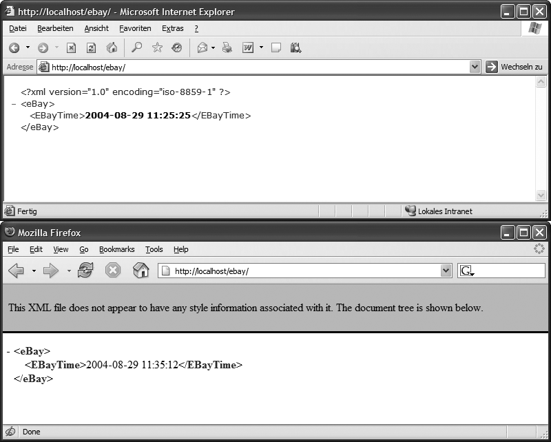 Die Ausgabe des Scripts im Internet Explorer 6.0 und im Mozilla Firefox 0.93