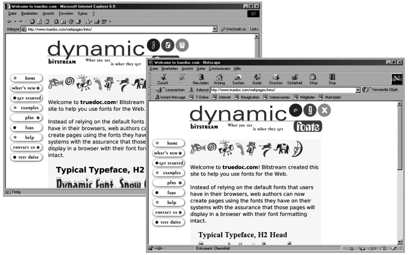 Darstellung der Seite www.truedoc.com im Internet Explorer 6.0 (im Hintergrund) und im Netscape Navigator 4.7 (im Vordergrund)