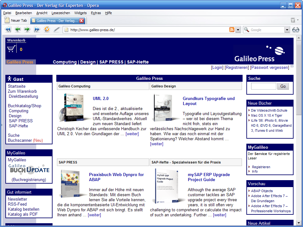 Die Galileo Press Webseite im Opera 9.0