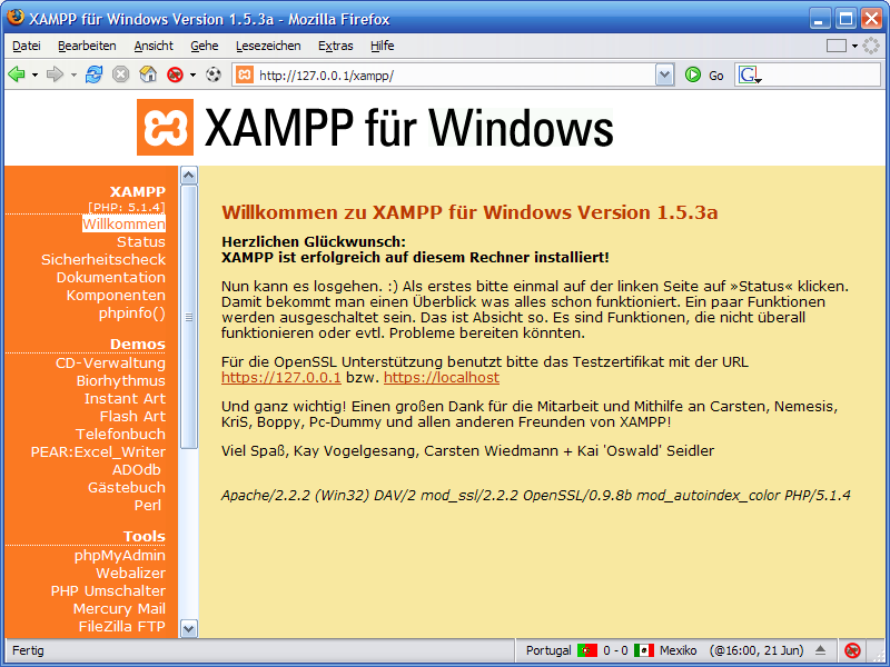 XAMPP für Windows nach erfolgreicher Installation