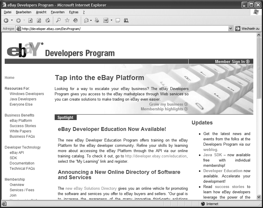 Startseite des eBay Developer Program