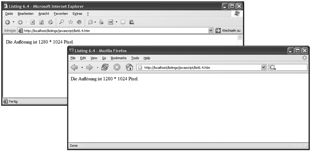 Darstellung des Listing 6.4 im Mozilla Firefox 0.9.3 und Internet Explorer 6.0