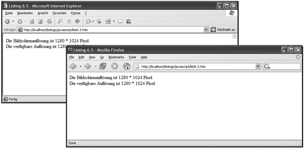 Darstellung des Listing 6.5 im Mozilla Firefox 0.9.3 und Internet Explorer 6.0