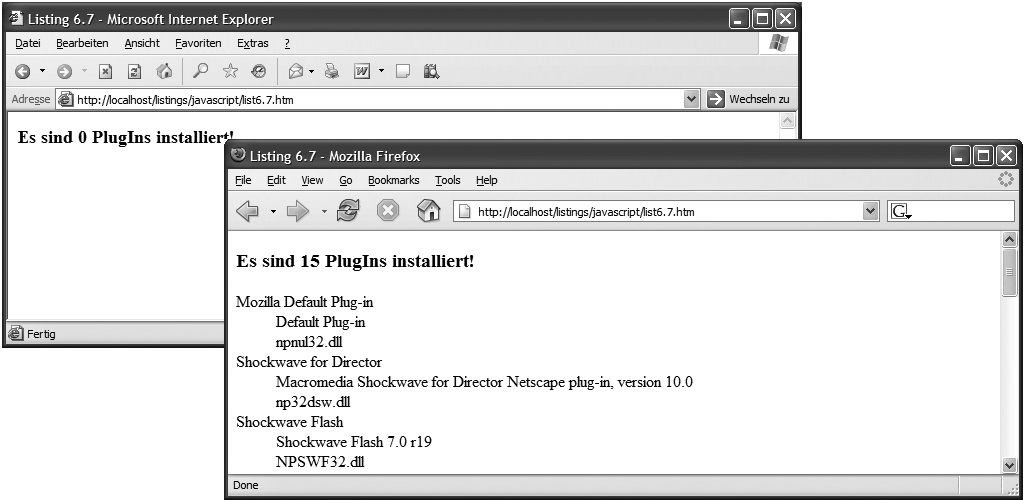 Darstellung des Listing 6.7 im Mozilla Firefox 0.9.3 und Internet Explorer 6.0